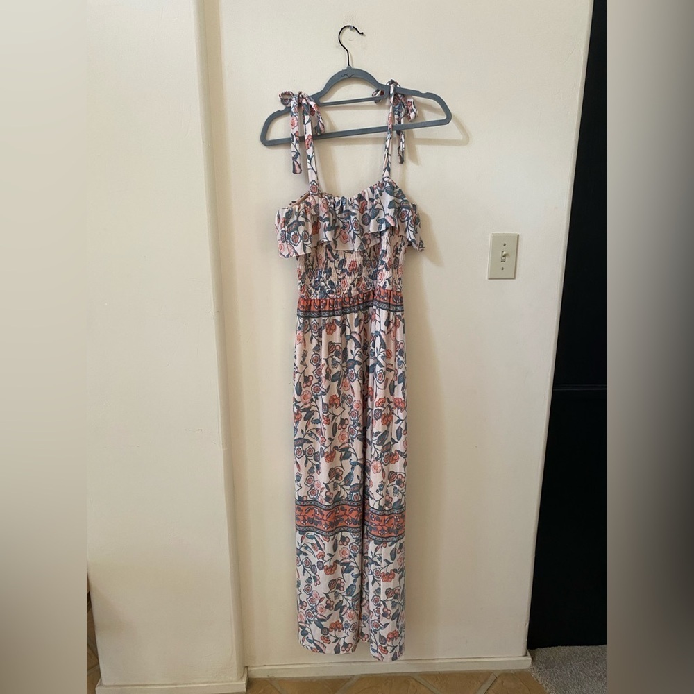 Collective Concepts Boho Floral Maxi Dress Smocked Ruffle Top & Tie Straps
